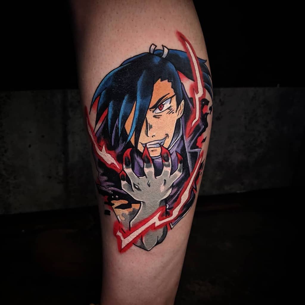 Vibrant Fullmetal Alchemist tattoo of Greed Ling, featuring intense red lightning energy and his darkened Ultimate Shield hand