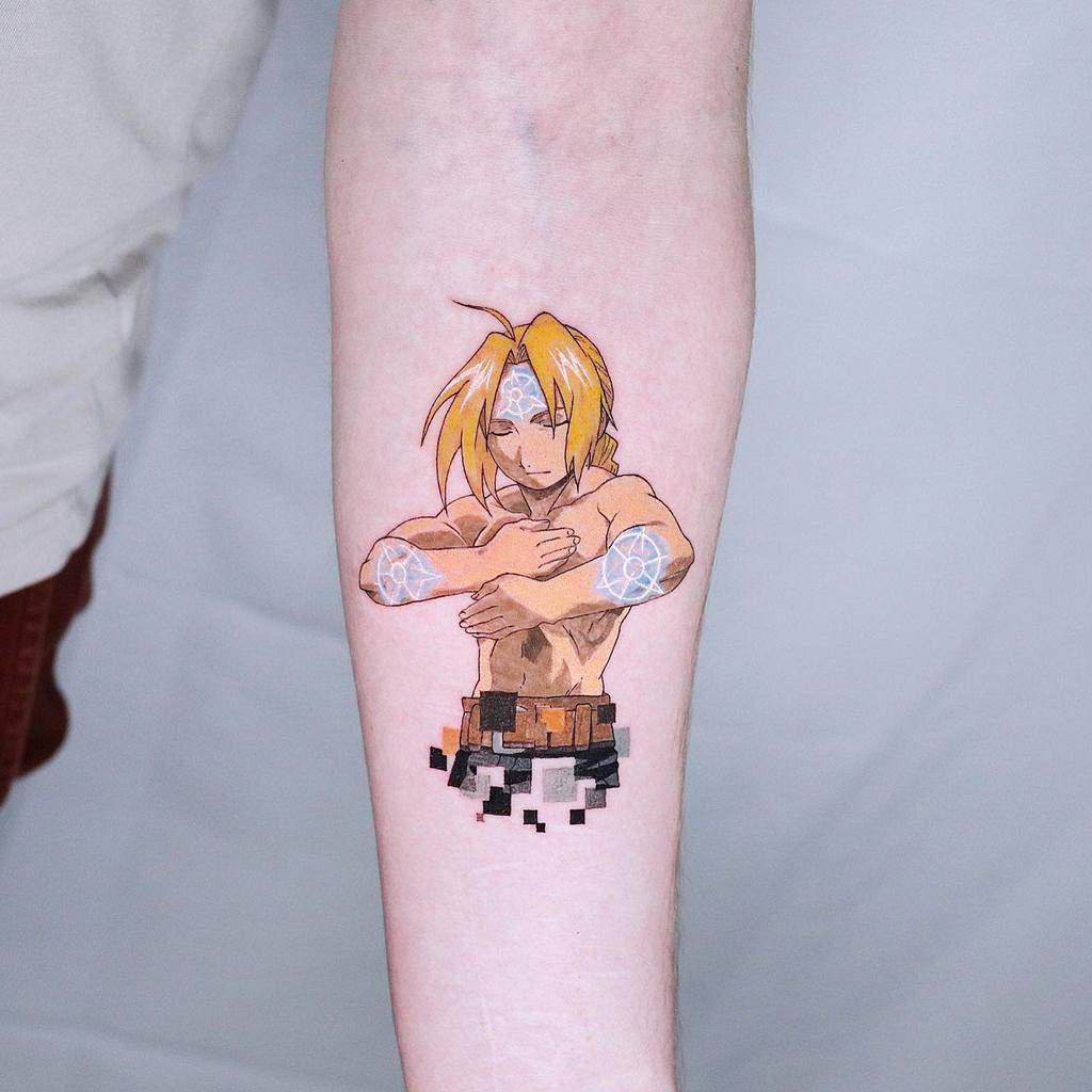 Color tattoo of Edward Elric from Fullmetal Alchemist, featuring alchemy symbols on his body and a pixelated lower half for a glitch effect