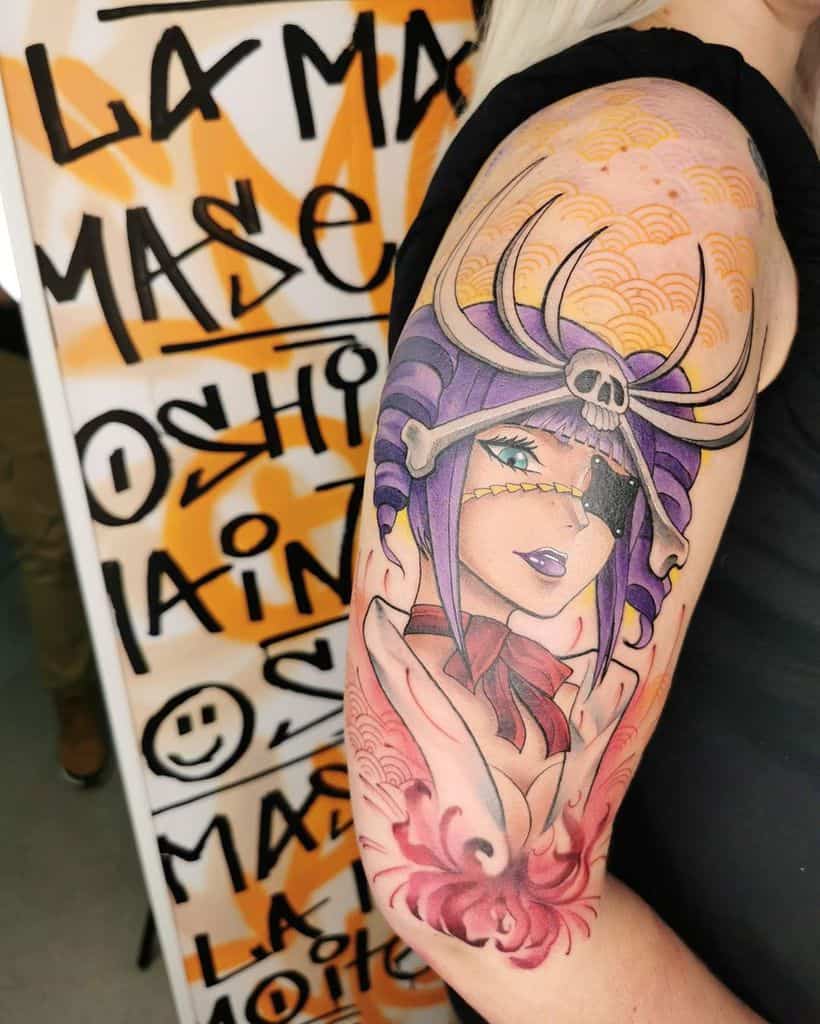 Vibrant Fullmetal Alchemist tattoo of a purple-haired woman with an eye patch, skull headpiece, Red Spider Lily and mystical energy