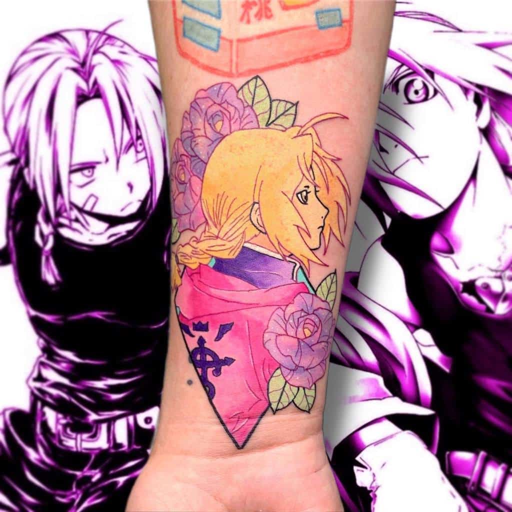 Vibrant Fullmetal Alchemist tattoo of Edward Elric in a kimono, surrounded by roses, with the Flamel symbol on his back
