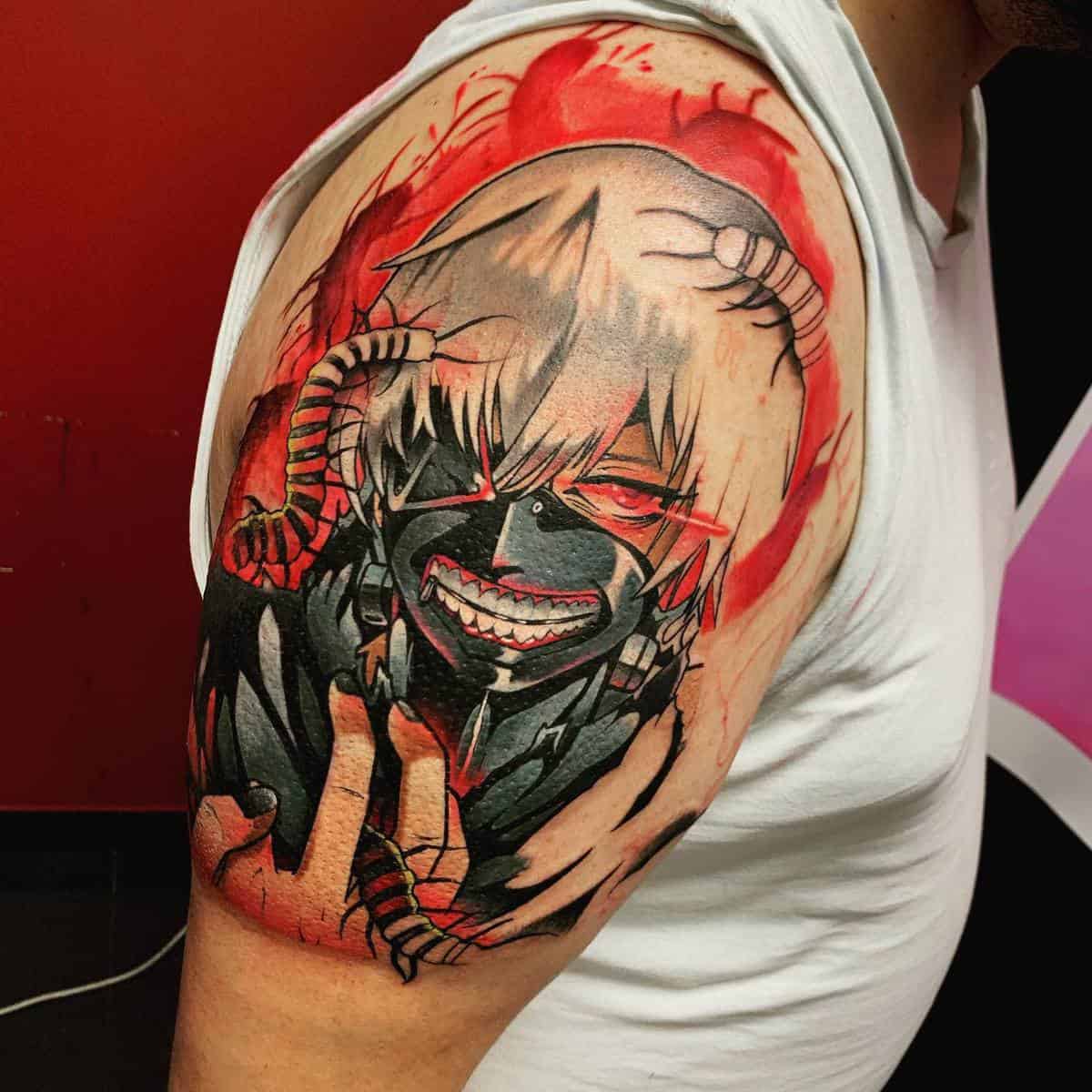Upper arm tattoo of Kaneki Ken in his ghoul form, with intense red and black highlights