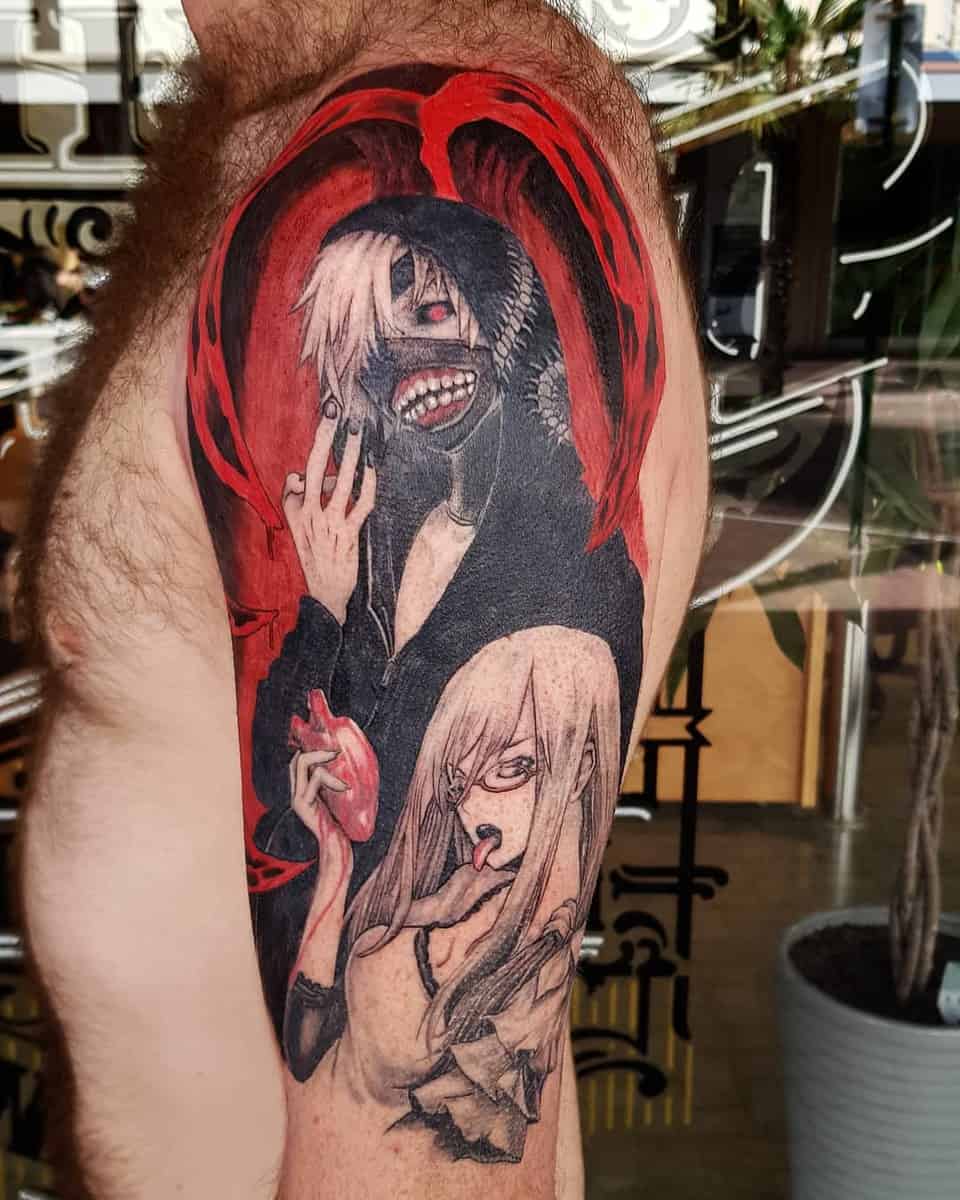 Upper arm tattoo featuring Kaneki Ken in ghoul form and Rize Kamishiro with a heart, in red and black tones