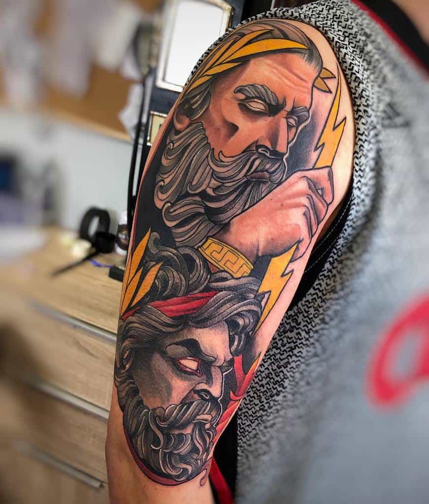 Art Nouveau-style tattoo of Zeus and Hades in dramatic contrast, with bold lightning bolts, flowing beards, and intricate Greek patterns