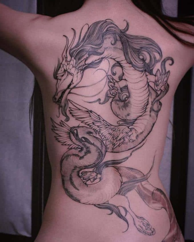 Art Nouveau tattoo of a dragon and phoenix in an elegant, flowing design, blending fine linework with Eastern mythology symbolism