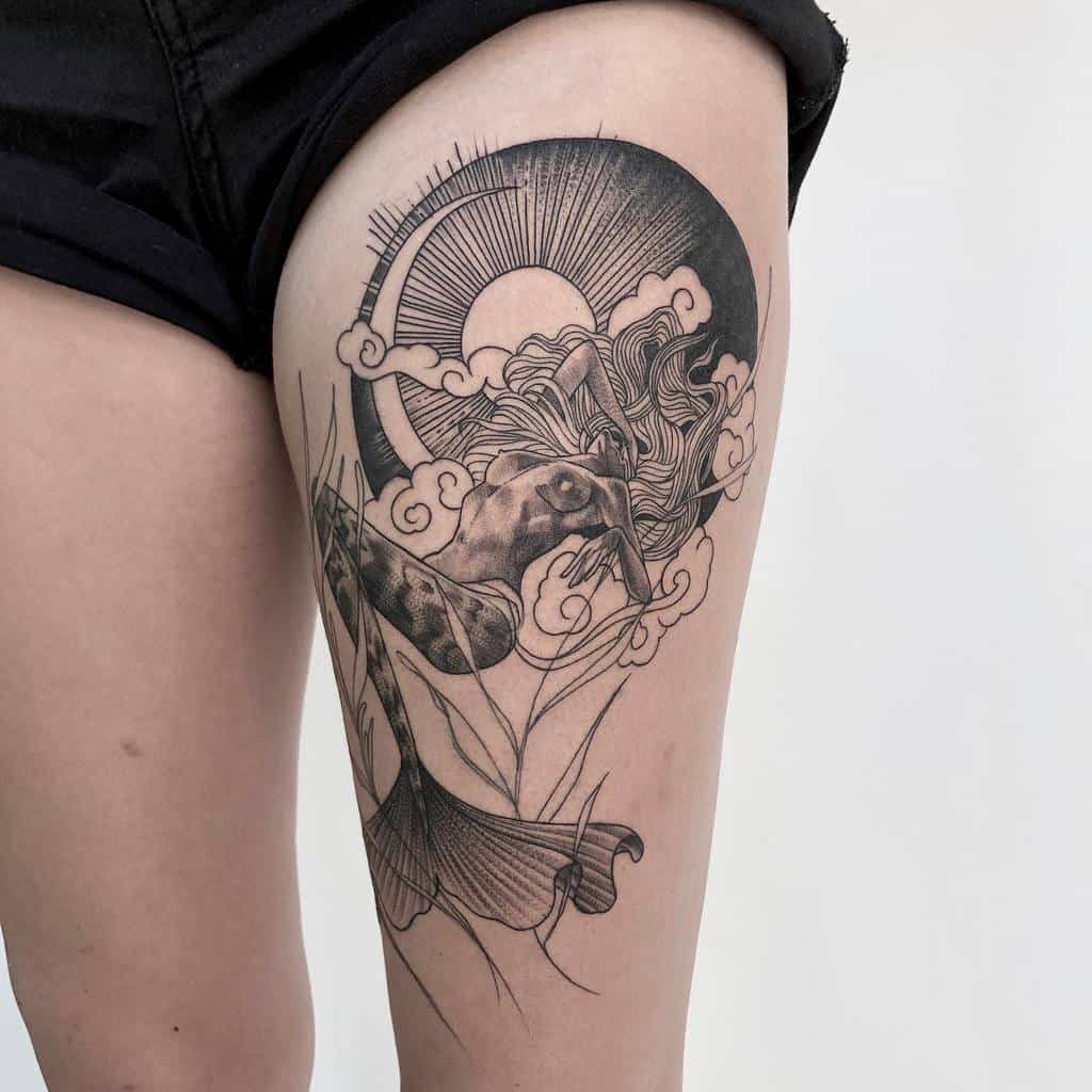 Art Nouveau thigh tattoo featuring a mermaid with flowing hair, clouds, and a radiant sun in intricate black linework