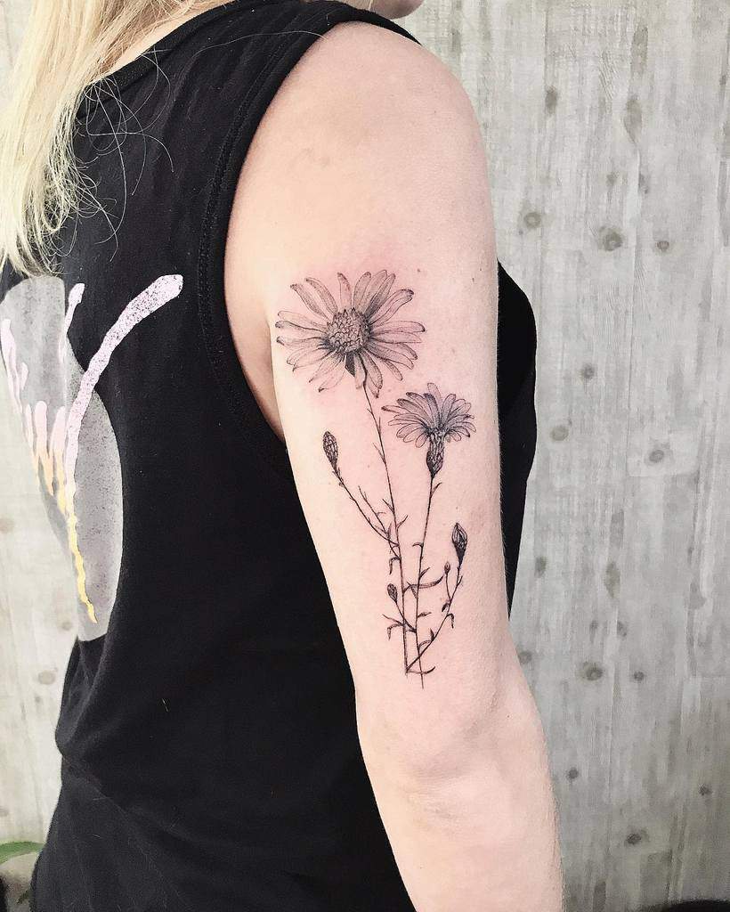 Person with an aster floral tattoo on their upper arm