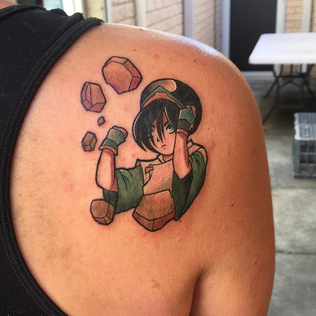 Tattoo of Earthbender Toph Beifong from Avatar: The Last Airbender on a shoulder