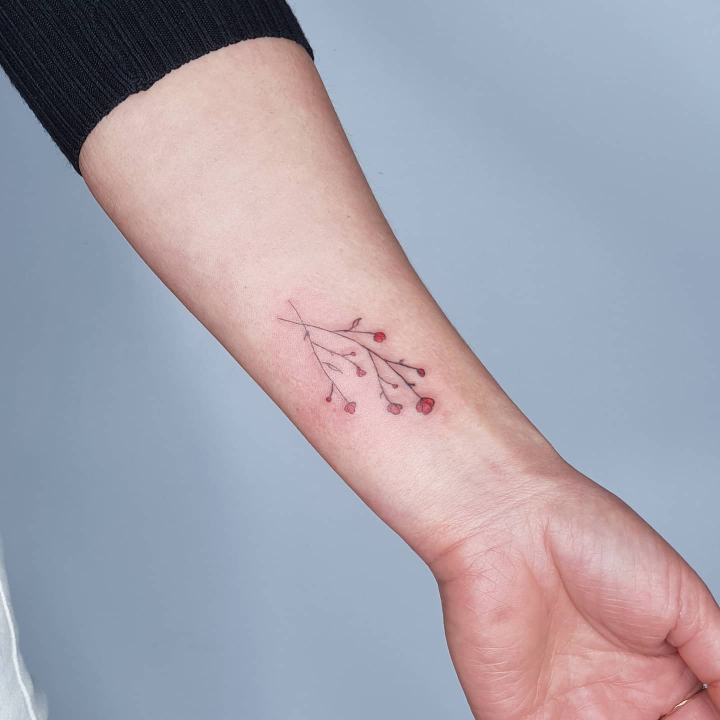 Forearm tattoo of delicate branch with small red baby's breath flowers