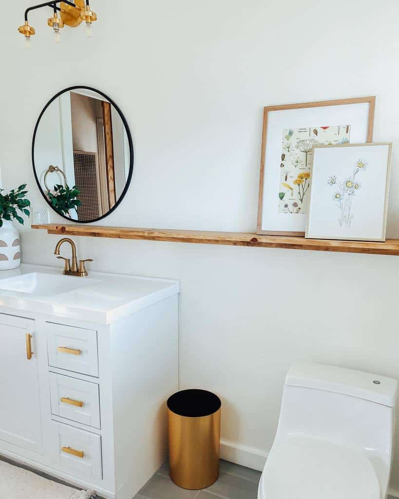 narrow and long wood shelf in modern bathroom