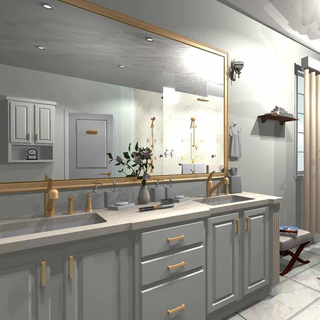 gray bathroom with gold accents