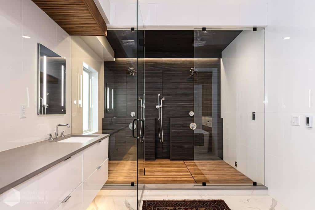 modern bathroom with wood flooring