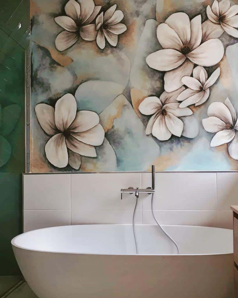 floral mural bathroom white bathtub