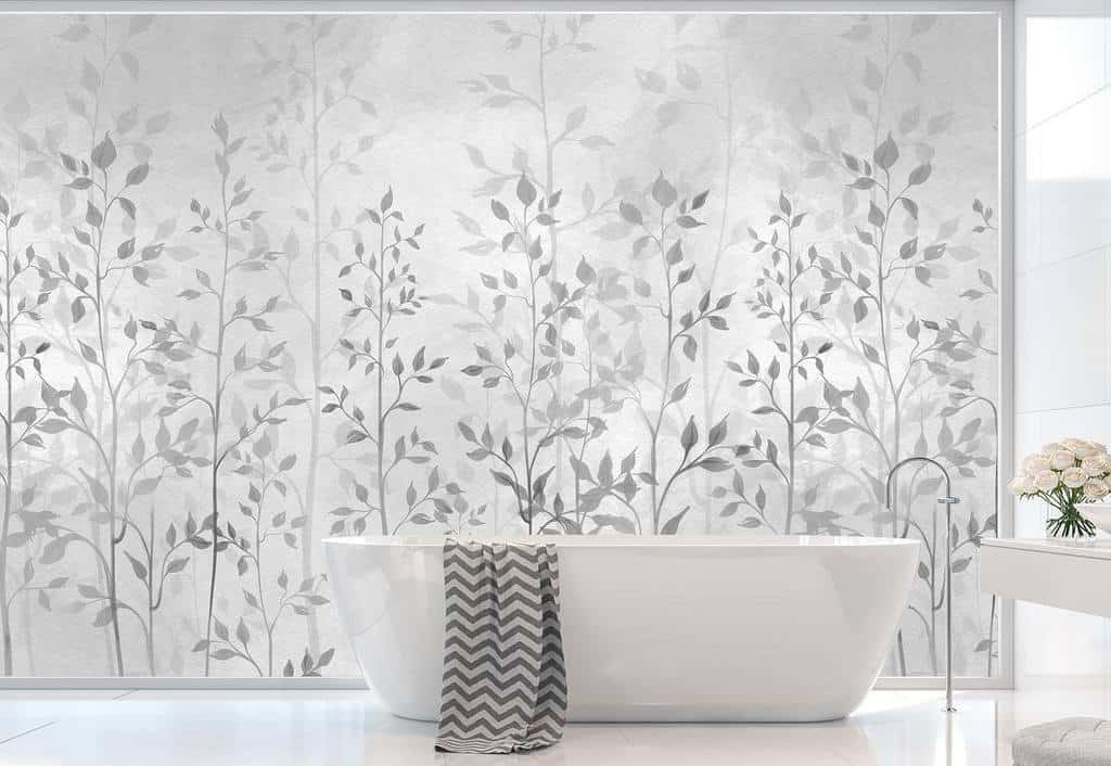 small plant bathroom mural freestanding white tub