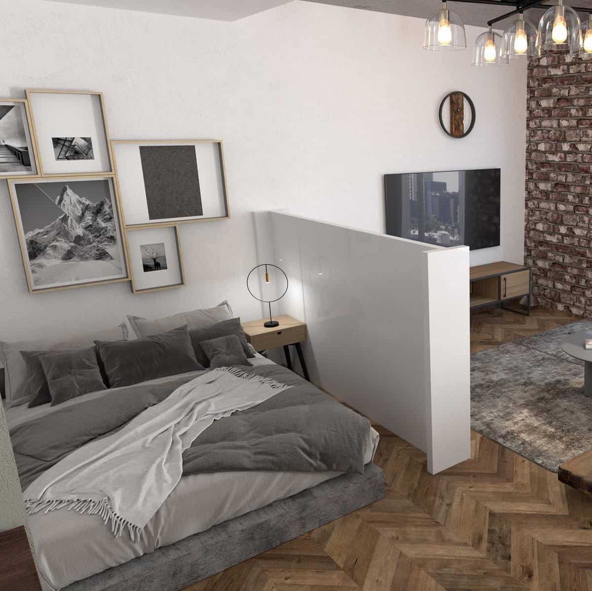 small white wall divider in bedroom and living room