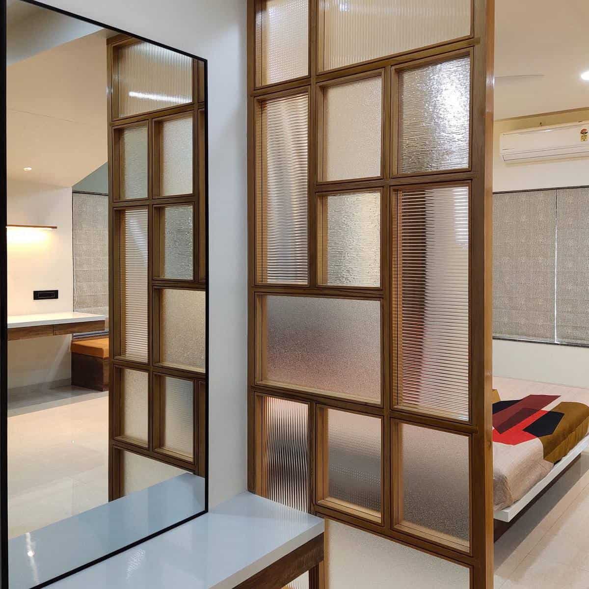 temporary glass and wood divider bedroom
