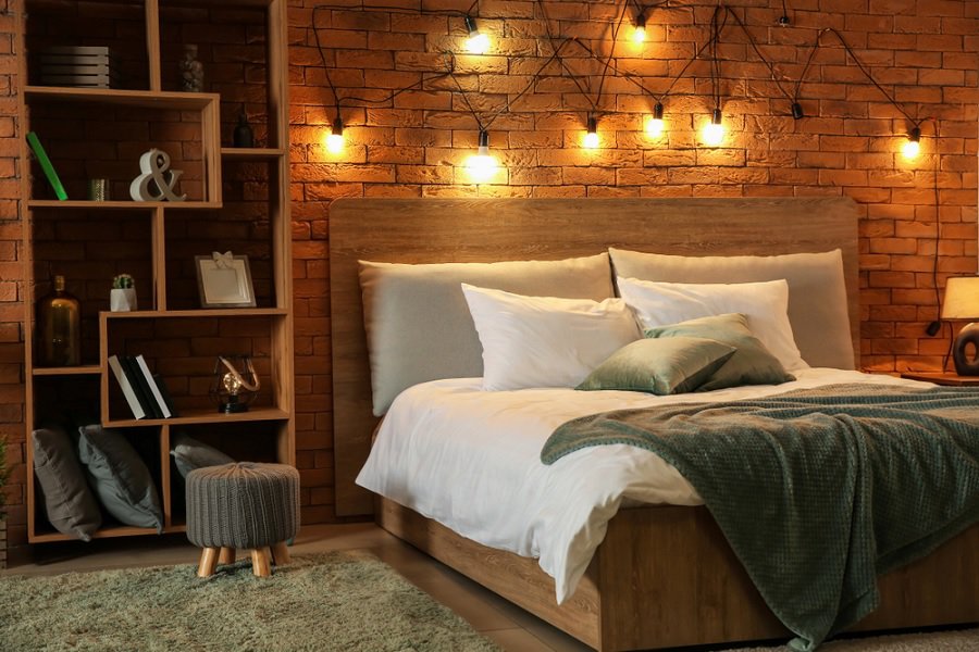 Bedroom with hanging lights