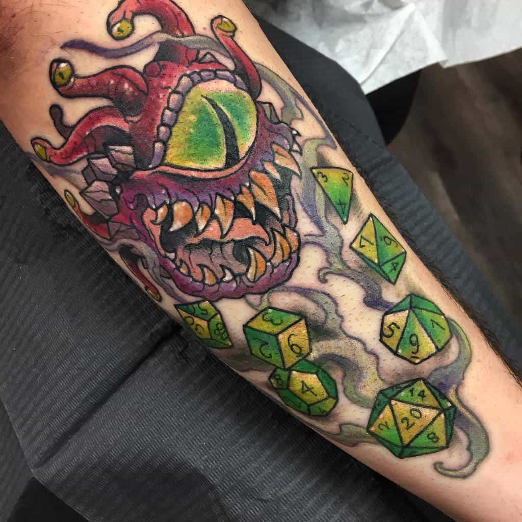 Vivid D&D tattoo of a Beholder with a green eye and yellow teeth surrounded by glowing green dice, exuding energy and power