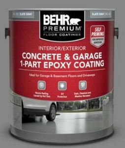 Behr Premium concrete and garage 1-part epoxy coating in slate gray.