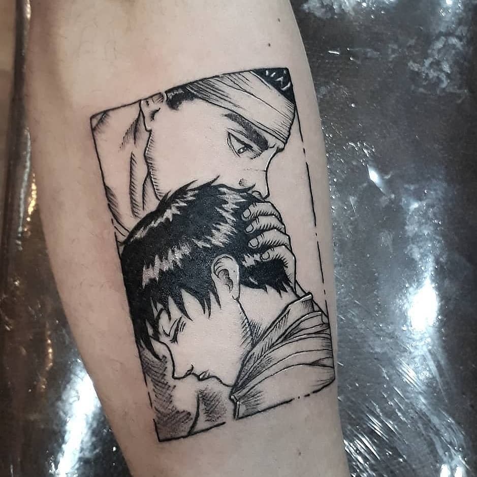 Black and white tattoo of Guts from Berserk holding Casca close, showing a moment of comfort and protection