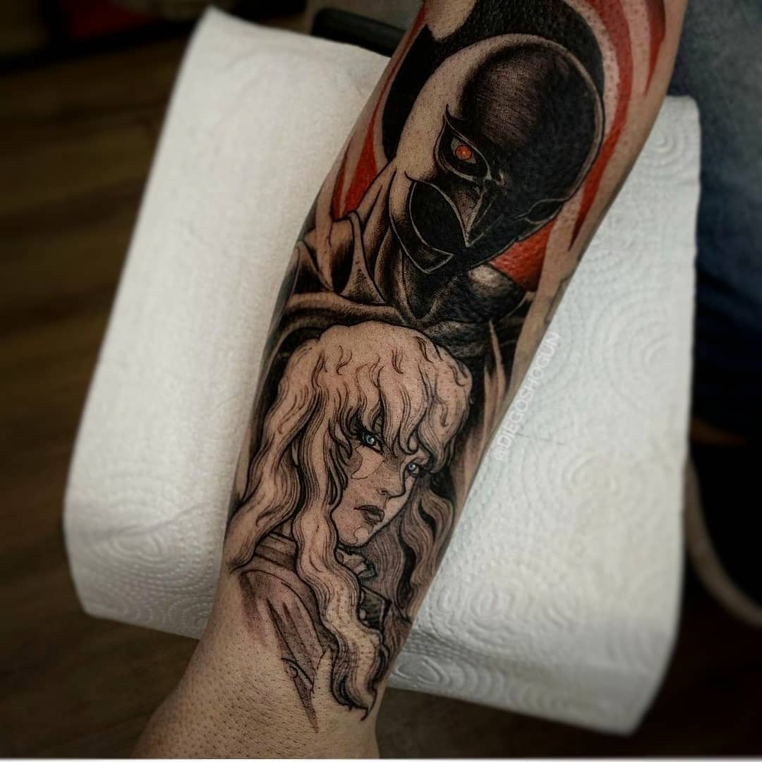 Detailed tattoo of Griffith and Casca from Berserk, featuring Griffith in his Hawk helmet and Casca with a solemn expression