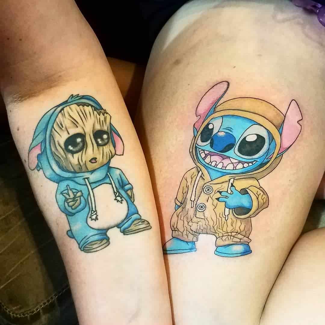 Baby Groot in pajamas and Stitch dressed as a lion