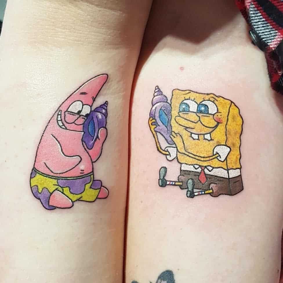 SpongeBob and Patrick holding purple conch shells tattoos on legs