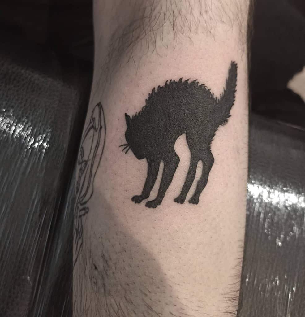 Silhouette tattoo of an arched back cat with raised fur, beautifully etched on a person's skin