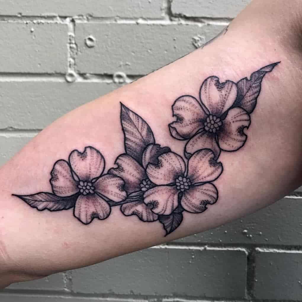 Tattoo of three shaded dogwood flowers with leaves on an arm