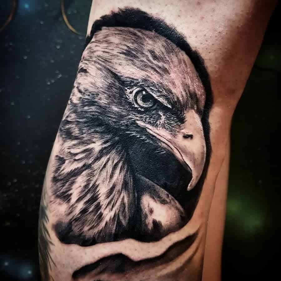 Tattoo of a detailed eagle's head on an arm showcasing intense eyes and intricate feather details