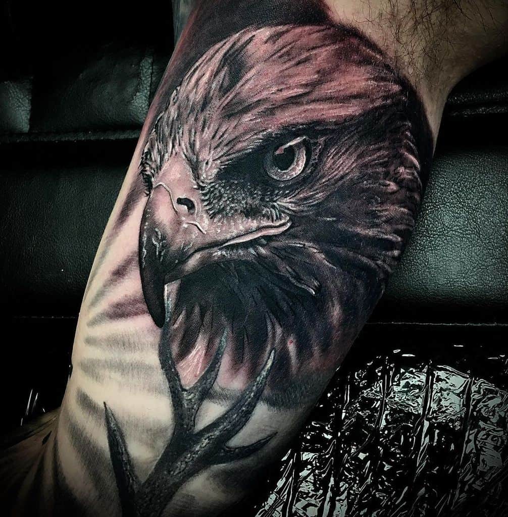A detailed tattoo of an eagle's head with sharp features and intense gaze on someone's arm
