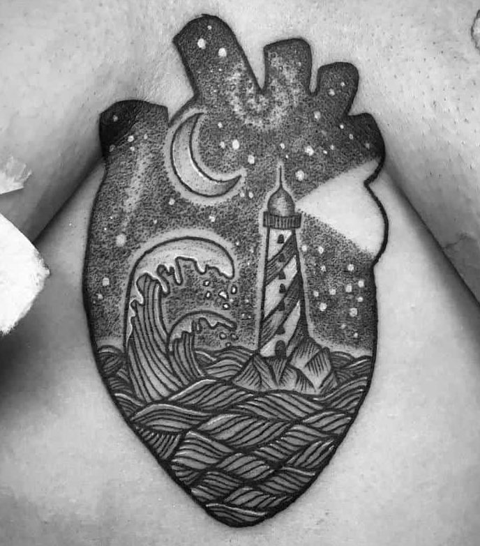 Black and white tattoo of a heart with a lighthouse, waves, crescent moon, and starry night sky