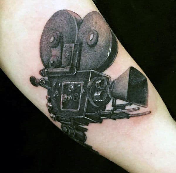 Black Ink Movie Camera Tattoo Male Forearms