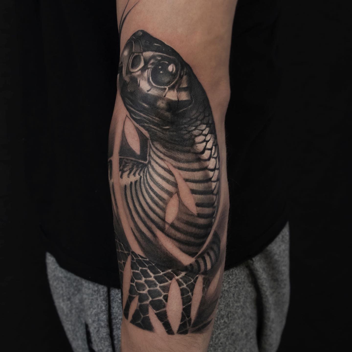 Black and gray tattoo of a black mamba snake on a forearm
