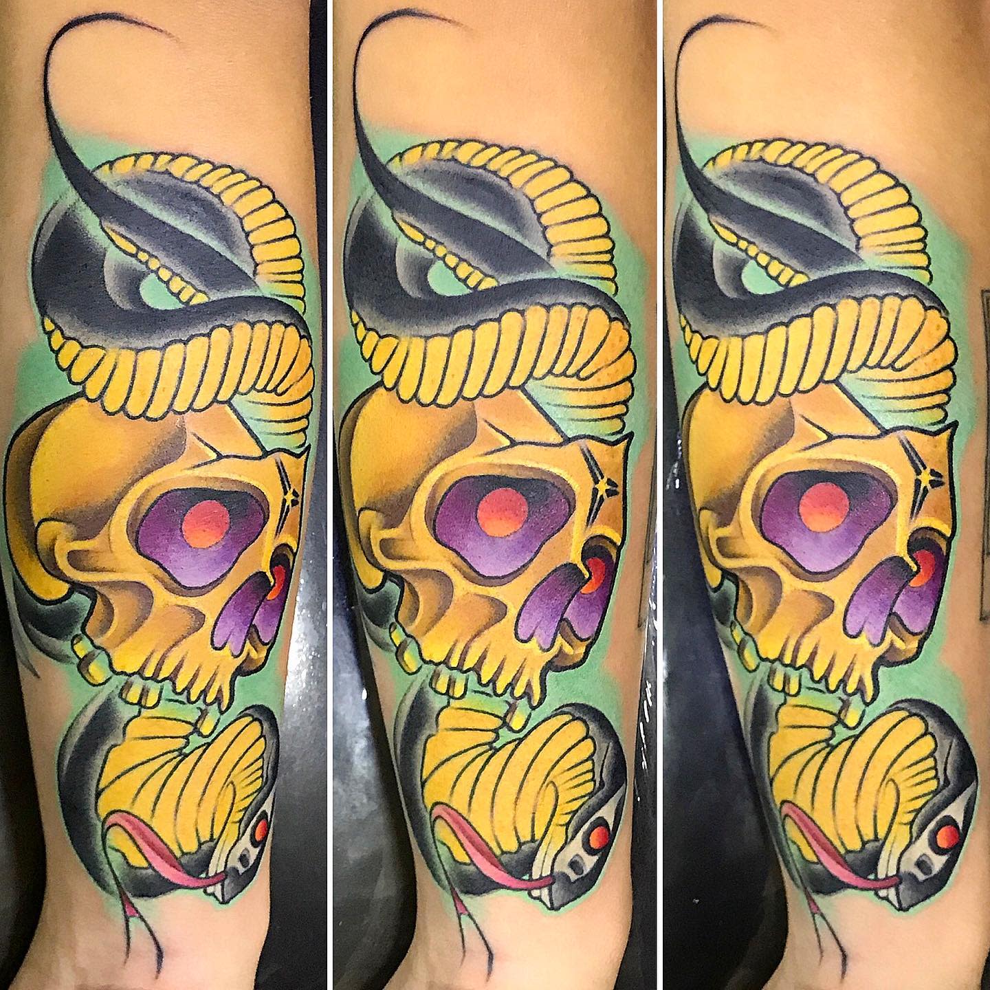 Tattoo of a vibrant yellow skull with pink eyes, a snake, and a coiled rope on an arm