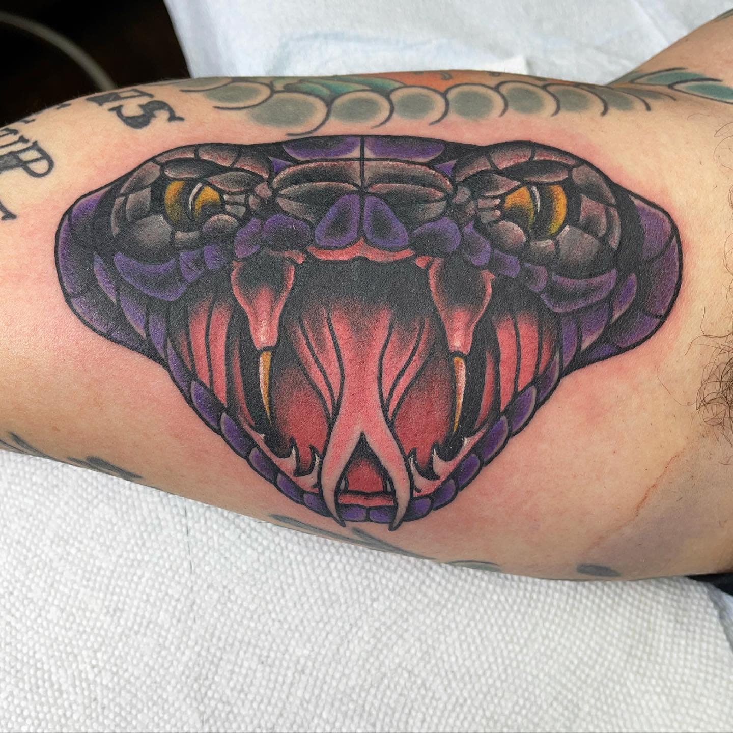 Colorful tattoo of a cobra's head with fangs bared on an upper arm