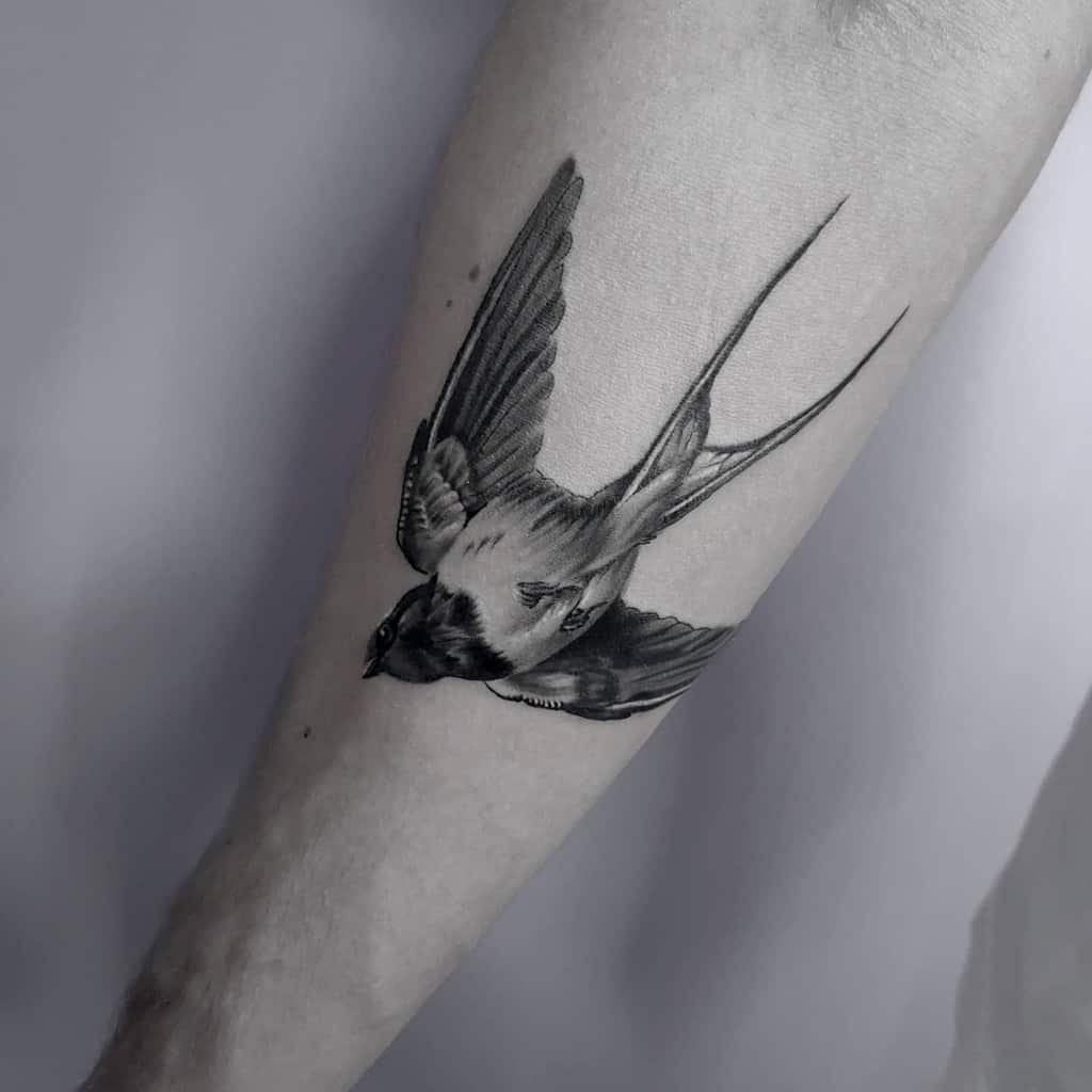 Black and gray swallow tattoo on a person's forearm