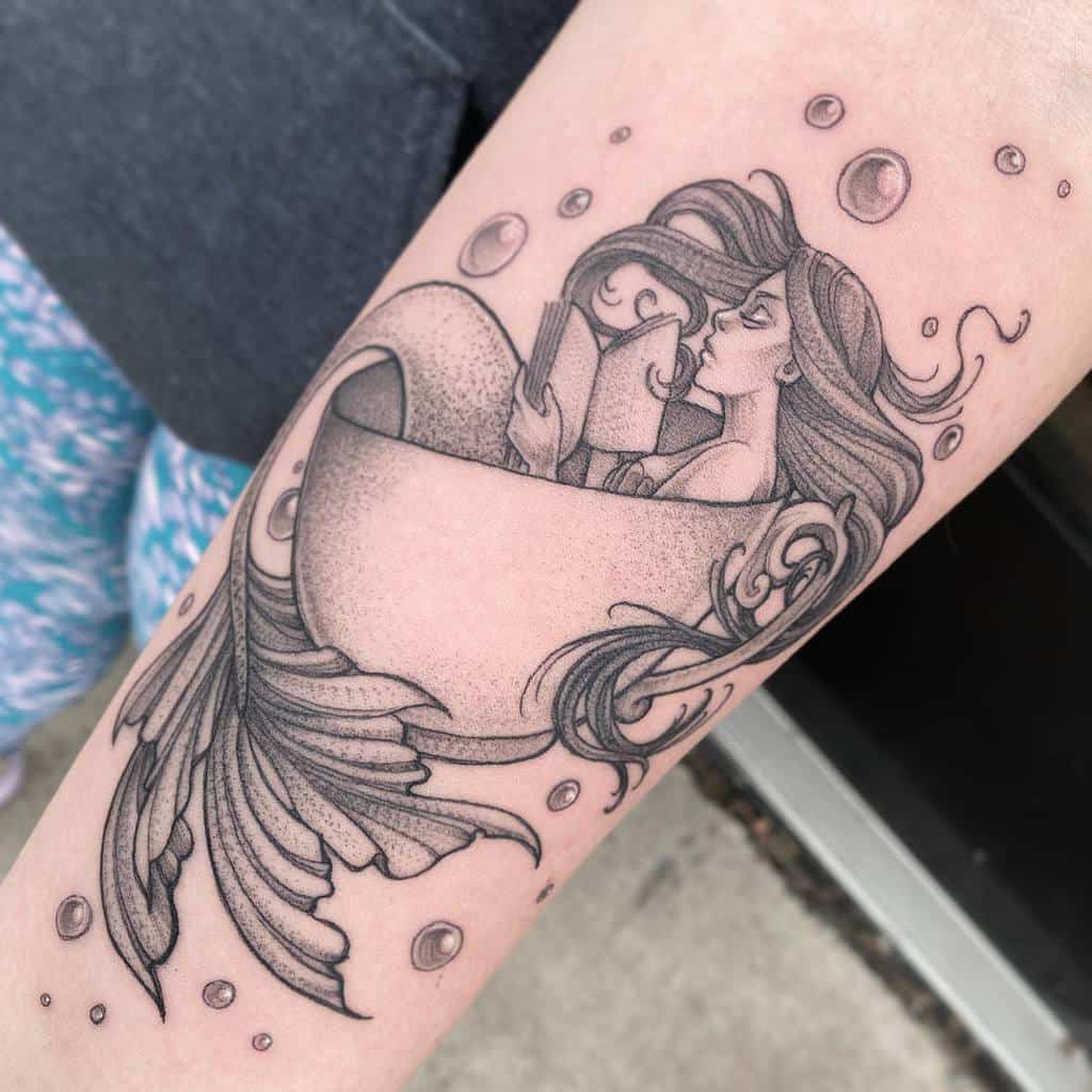 Black and grey tattoo of a mermaid sitting in a teacup, reading a book with flowing hair and bubbles around