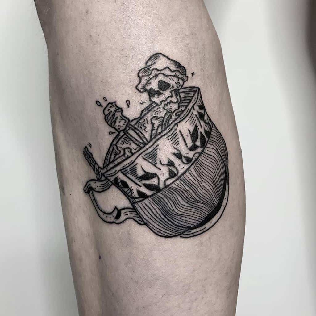 Black and white tattoo of a skeleton lounging in a teacup, with liquid splashing around, creating a surreal and eerie bath-like scene