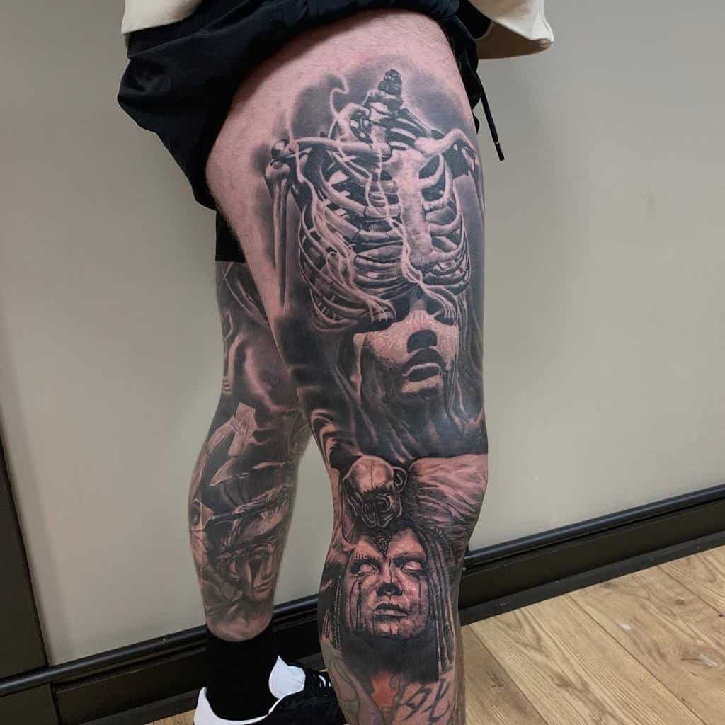 Black and Gray 3D Ideas leg sleeve tattoo
