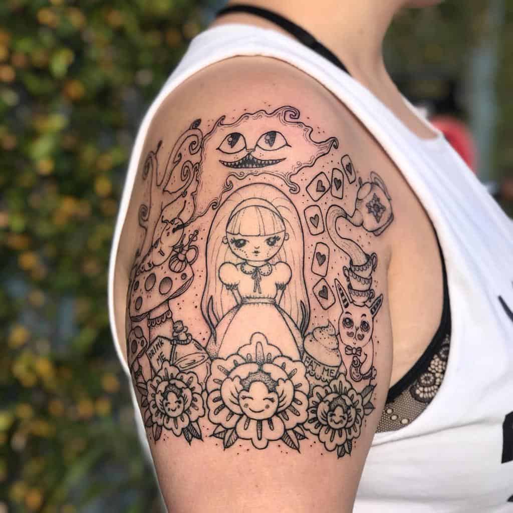 Black and white tattoo featuring a whimsical Alice from Alice in Wonderland, surrounded by iconic elements like the Cheshire Cat, a teapot, flowers, playing cards, and the Mad Hatter