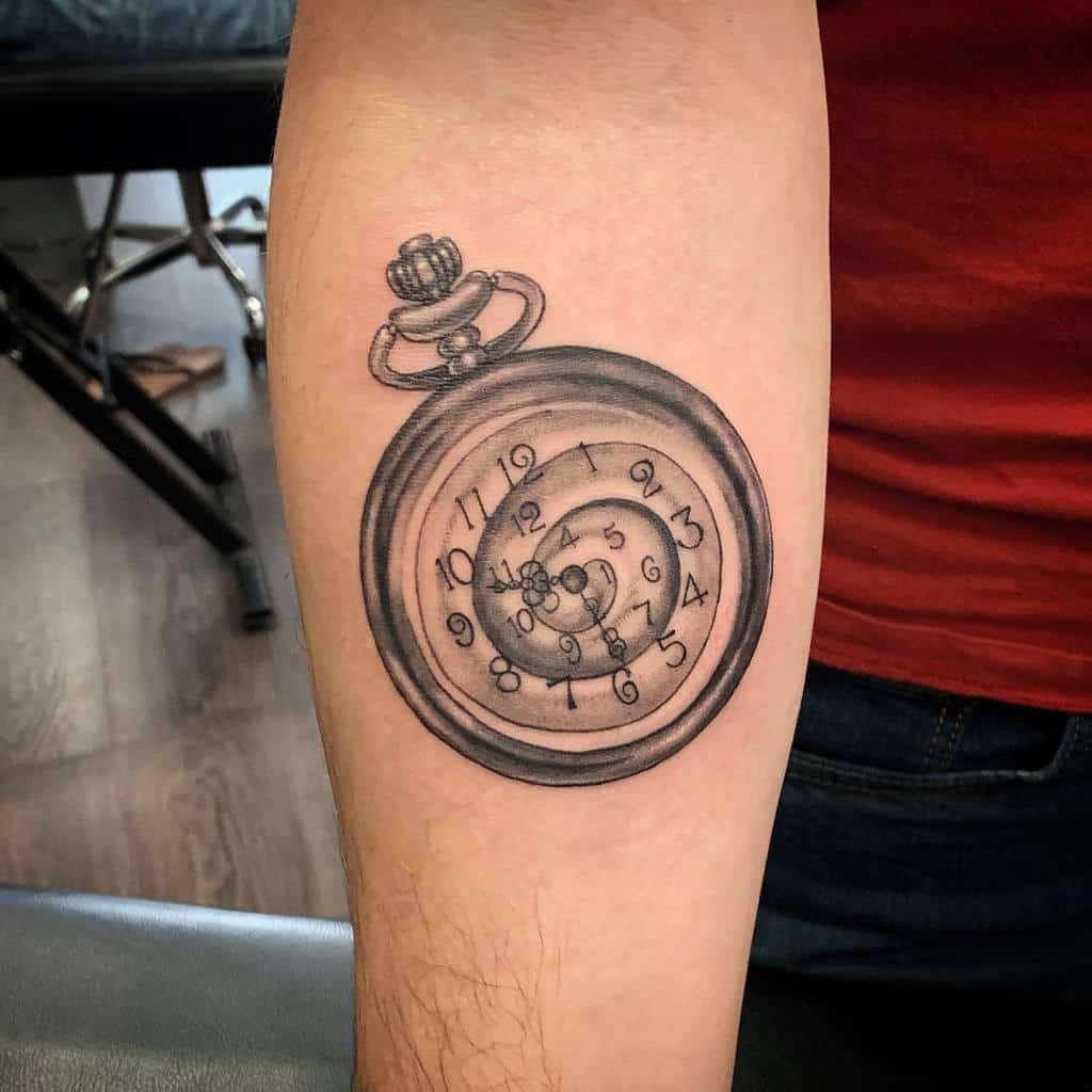 Black and white tattoo of a pocket watch with a spiraling clock face from Alice in Wonderland