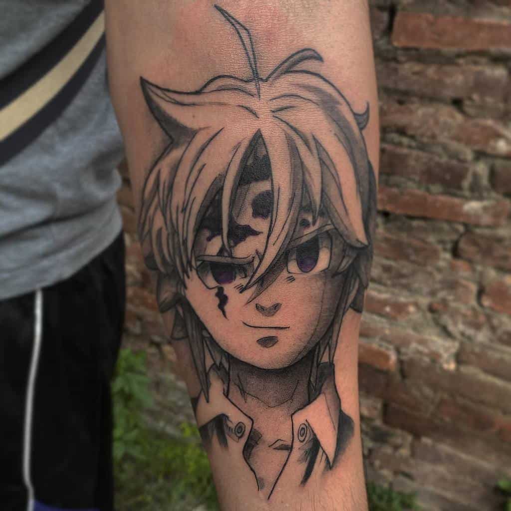 Black and white tattoo of Meliodas in his Assault Mode from The Seven Deadly Sins, showing his face with a third eye
