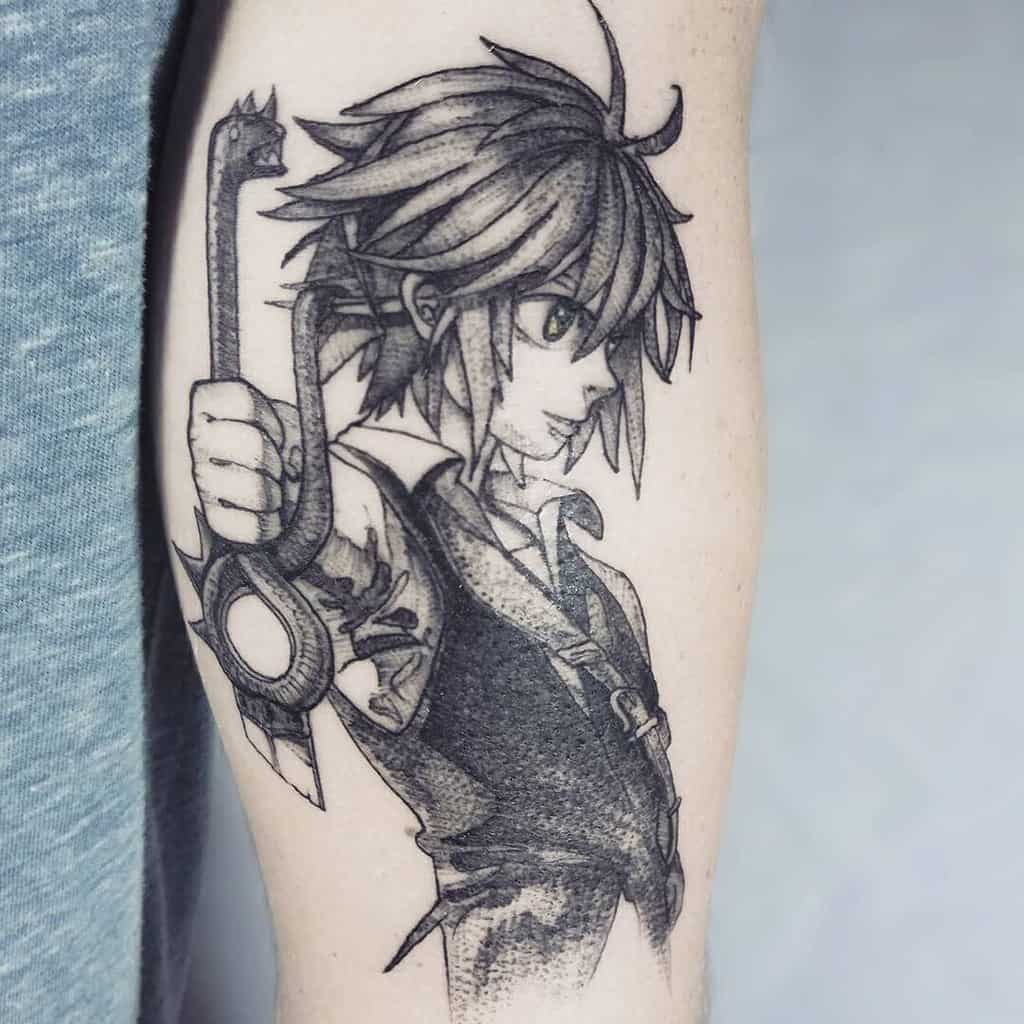 Black and white tattoo of Meliodas from 'The Seven Deadly Sins' holding a sword with a snake-shaped hilt