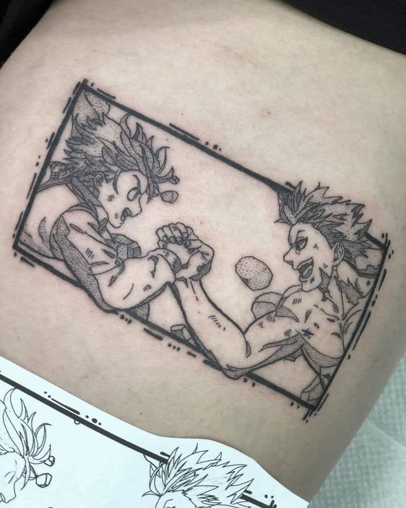 Black and white tattoo depicting a dynamic arm wrestling scene between Meliodas and Escanor from The Seven Deadly Sins, with a comic-style frame