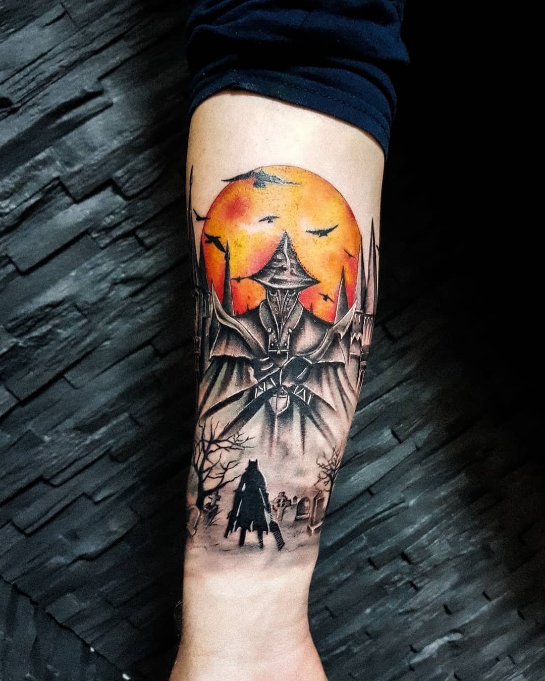 Tattoo depicting a Bloodborne hunter approaching Eileen the Crow beneath a blood-red sunset