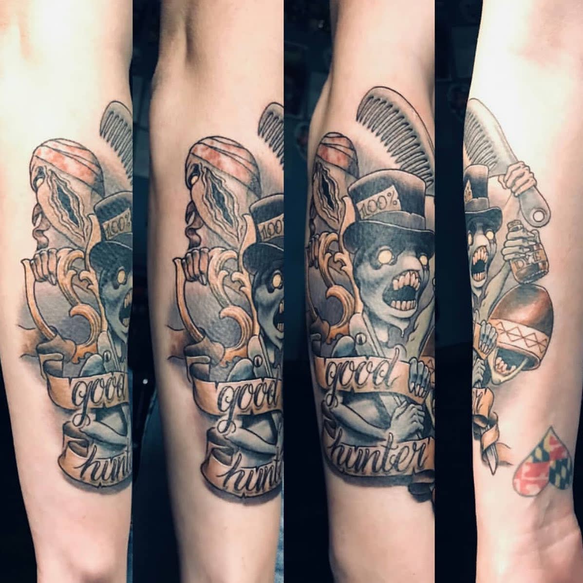 Forearm tattoo of a stylized, eerie Bloodborne character holding a cleaver, with 'Good Hunter' text