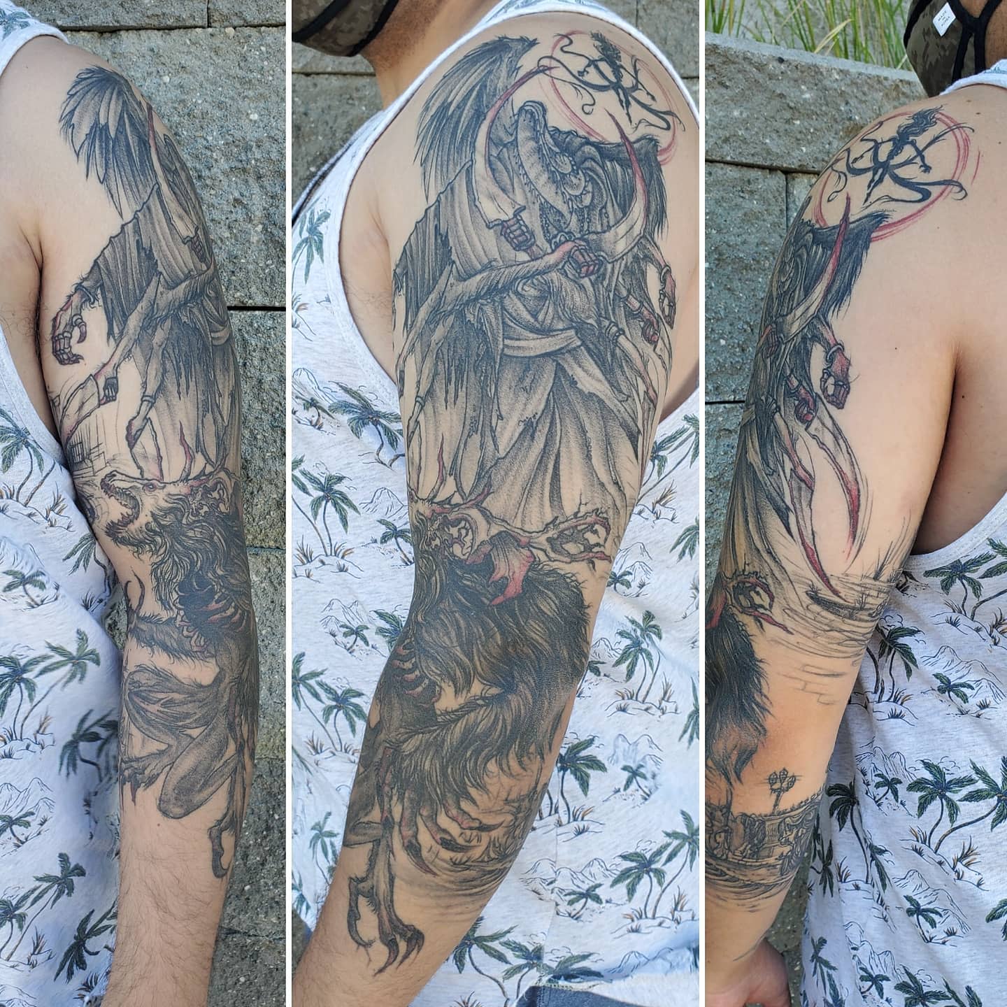 Full arm tattoo depicting an intense Bloodborne scene, showcasing a hunter engaged with a ferocious creature
