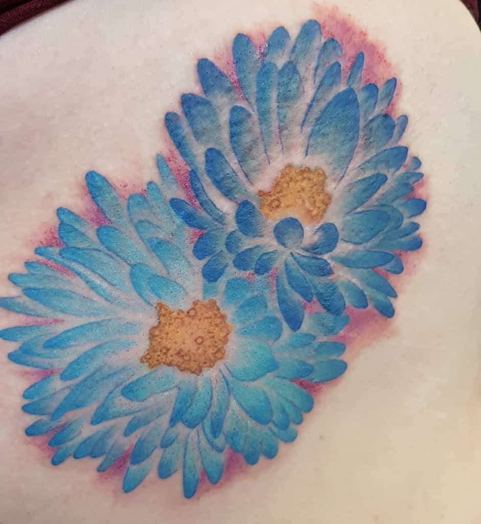 Tattoo of two blue aster flowers with yellow centers and pink highlights on skin