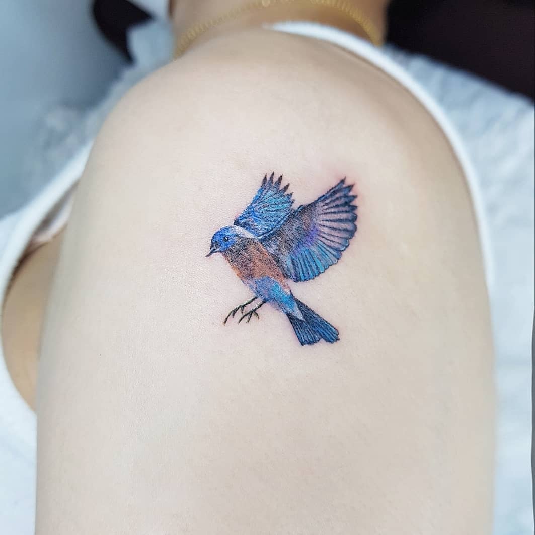 Close-up of a colorful bird tattoo on an upper arm with the bird's wings spread open in flight