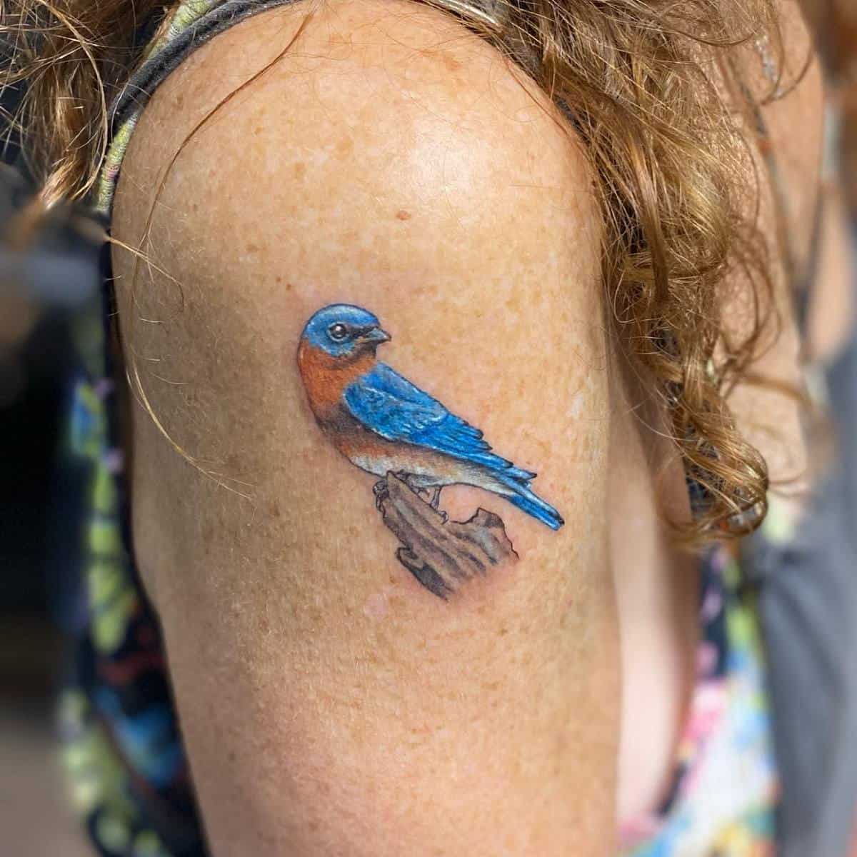 A close-up of an arm with a tattoo of a blue and orange bird perched on a branch